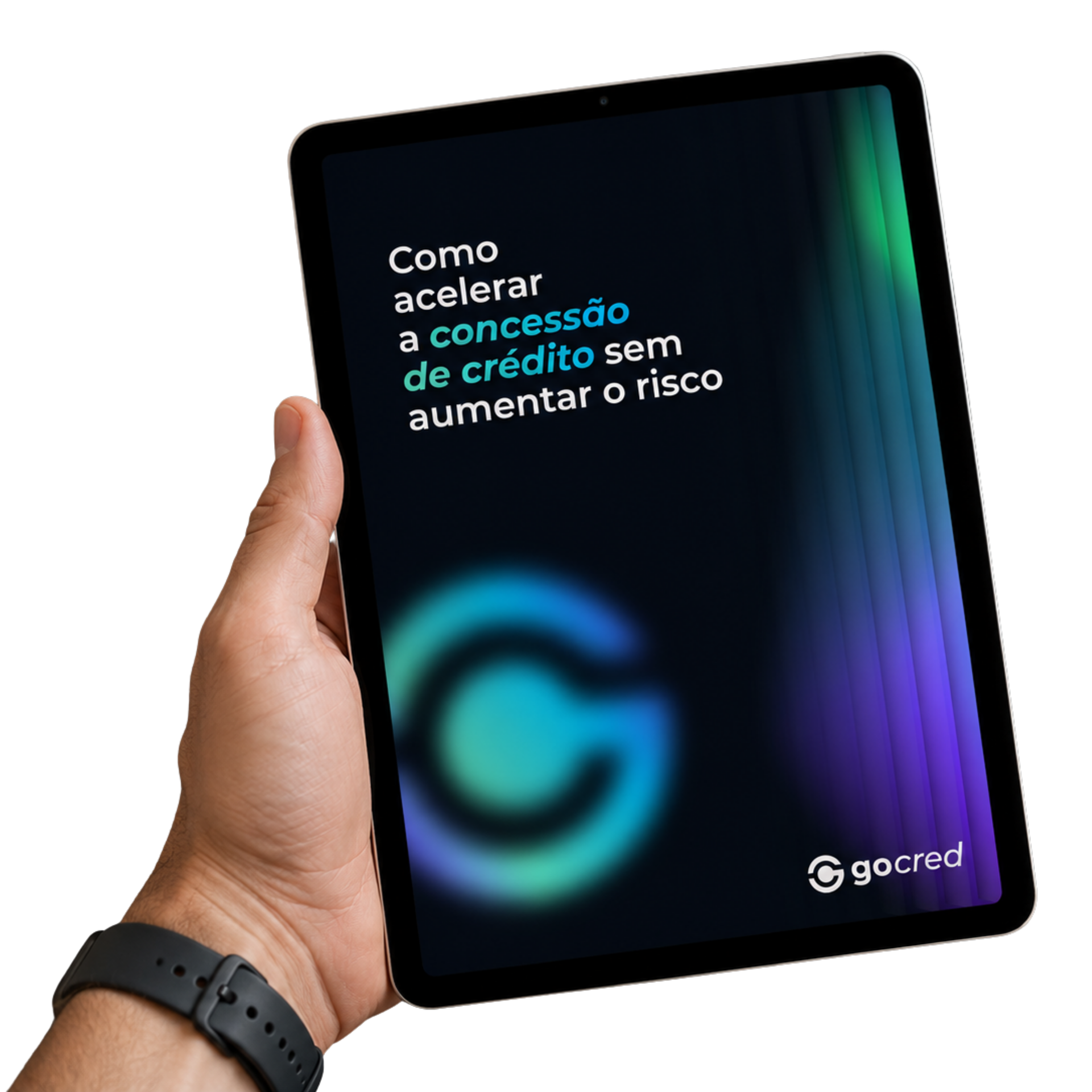 Tablet exibindo painel de análise de crédito GoCred